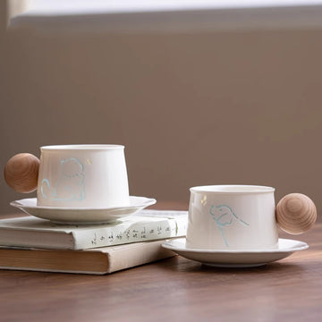 Porcelain Dog and Cat Coffee Cup Set with Coaster