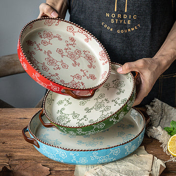 Japanese Style Baking Tray Ceramic Pizza Tray Microwave Oven High Temperature Resistant Baking Tray Tableware