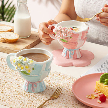 Hand-Painted Embossed Rose Bouquet Ceramic Mug Creative Irregular Coffee Mug