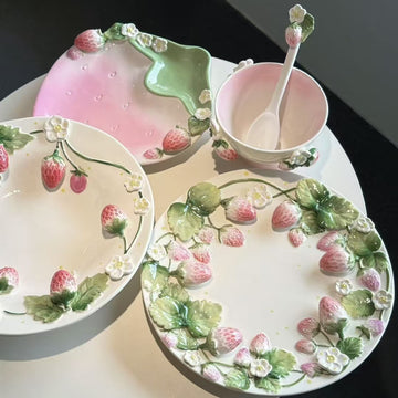 Popular Strawberry Series Embossed Ceramic Tableware, Rice Bowl, Soup Plate, Dumpling Plate, Salad Bowl, Dim Sum Plate