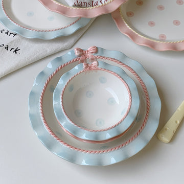 Cute round bowl and Plate with Bowknot Wave Edge Polka Dot Yogurt Bowl