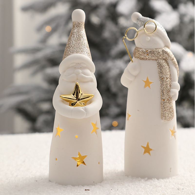 Cross Border Christmas Decoration Home Table Ornaments Ceramic Christmas Snowman Elk Glow Lamp Ornaments