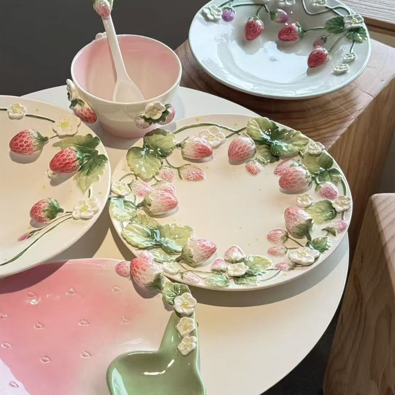 Popular Strawberry Series Embossed Ceramic Tableware, Rice Bowl, Soup Plate, Dumpling Plate, Salad Bowl, Dim Sum Plate