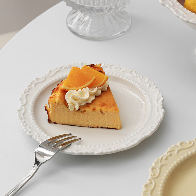 French Style Cream Dinnerware Ceramic Western Dinner Plate Lace Vintage Dessert Plate Cream Cake Plate