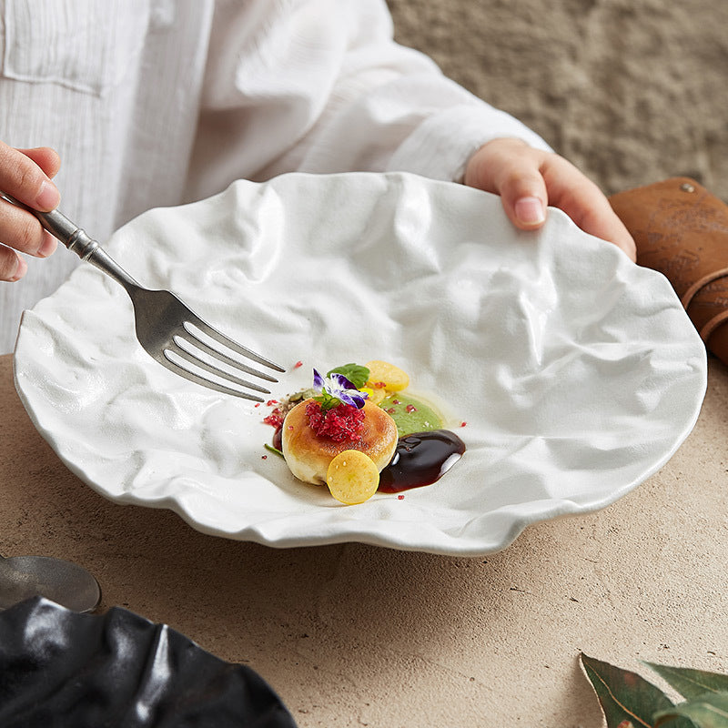 Pleated Deep Dish Plate Bowl Premium Japanese Style Tableware Western Food Salad Ceramic High-End Plate