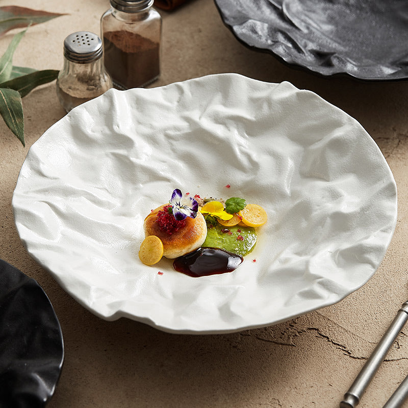 Pleated Deep Dish Plate Bowl Premium Japanese Style Tableware Western Food Salad Ceramic High-End Plate