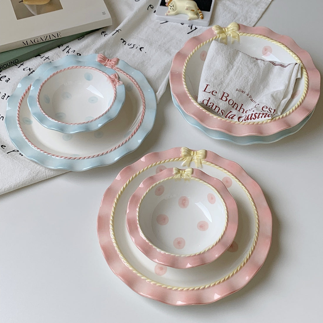 Cute round bowl and Plate with Bowknot Wave Edge Polka Dot Yogurt Bowl