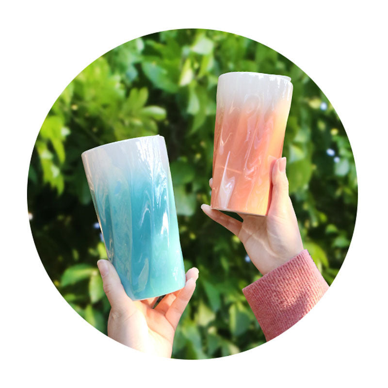 Double-Wall Ceramic Mug with Lid, Small Fresh Gradient Color Pearl Glaze Portable Mug, Coffee Mug
