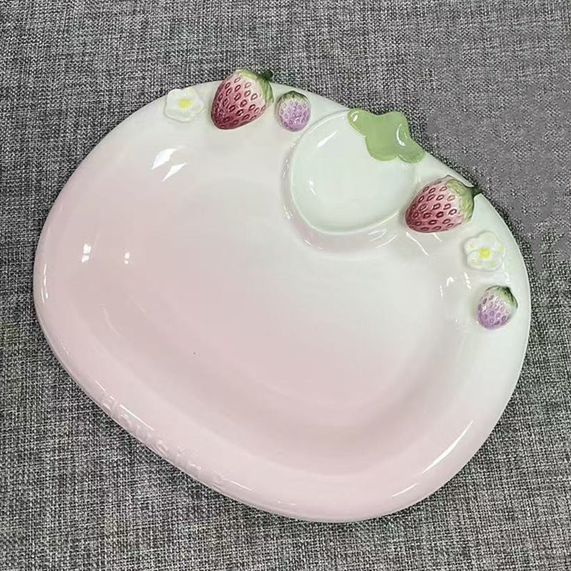 Popular Strawberry Series Embossed Ceramic Tableware, Rice Bowl, Soup Plate, Dumpling Plate, Salad Bowl, Dim Sum Plate
