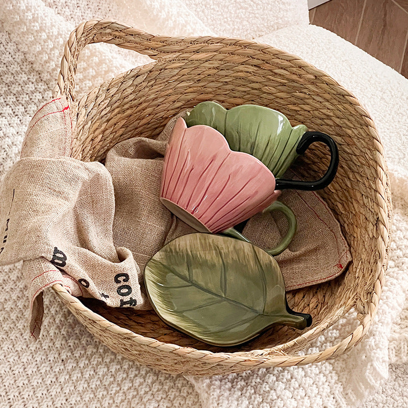 Hand Color Tulip Flowers Ceramic Coffee Cup Set Afternoon Tea Latte Cup