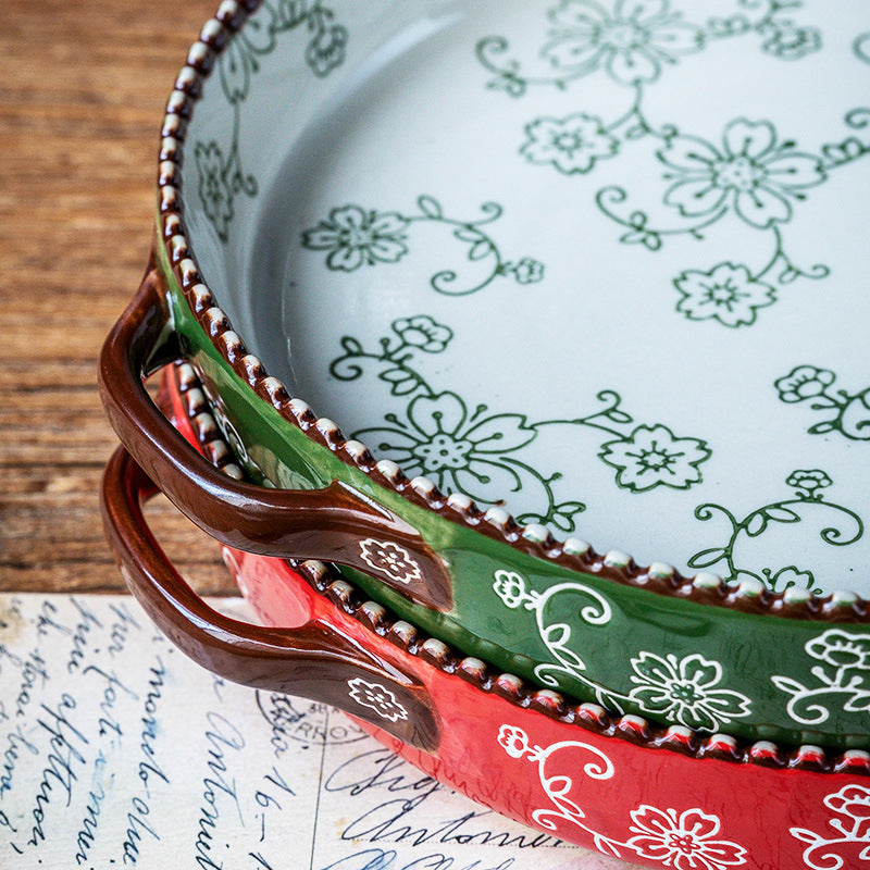 Japanese Style Baking Tray Ceramic Pizza Tray Microwave Oven High Temperature Resistant Baking Tray Tableware