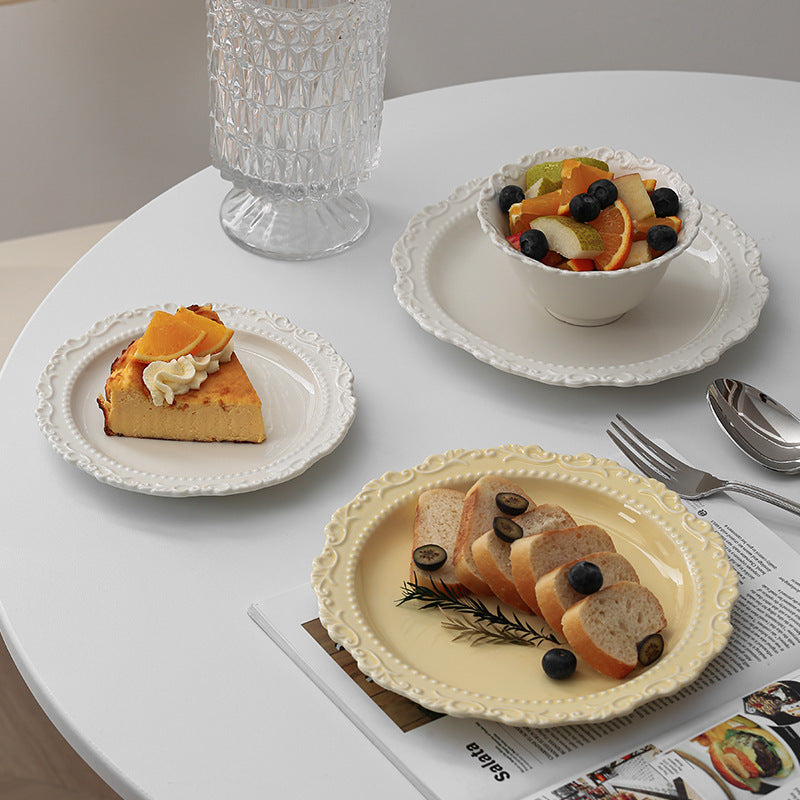 French Style Cream Dinnerware Ceramic Western Dinner Plate Lace Vintage Dessert Plate Cream Cake Plate
