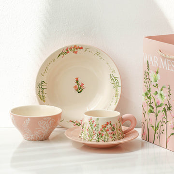 Pink and Green Ceramic Tableware Gift Set Suitable for Single-person Dining