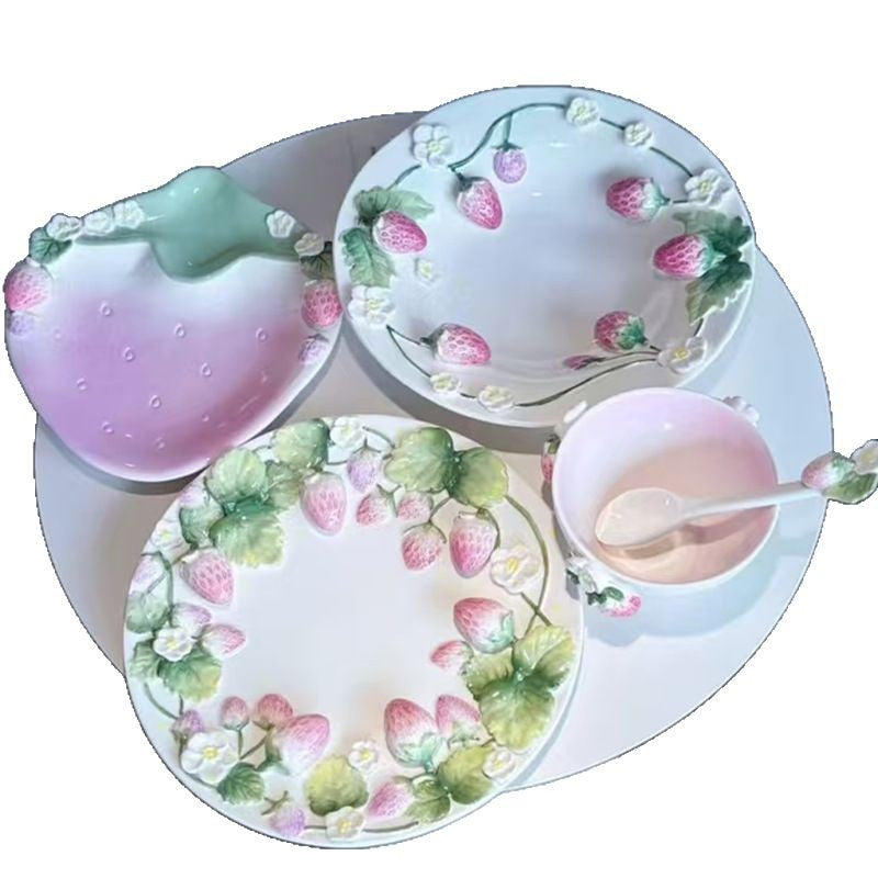 Popular Strawberry Series Embossed Ceramic Tableware, Rice Bowl, Soup Plate, Dumpling Plate, Salad Bowl, Dim Sum Plate