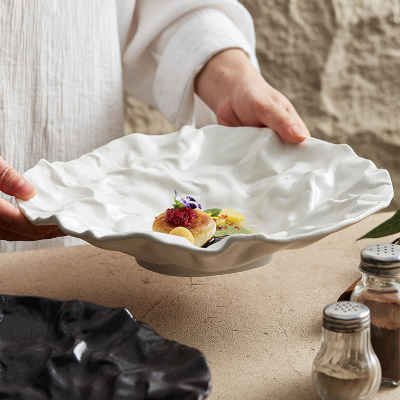 Pleated Deep Dish Plate Bowl Premium Japanese Style Tableware Western Food Salad Ceramic High-End Plate