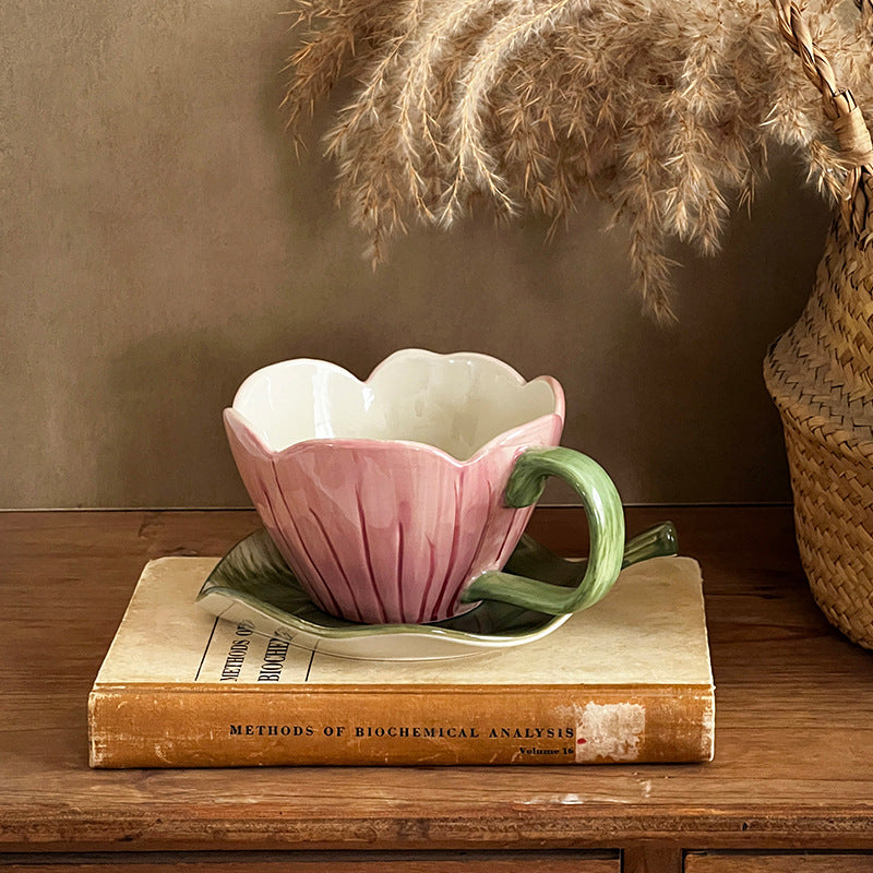Hand Color Tulip Flowers Ceramic Coffee Cup Set Afternoon Tea Latte Cup