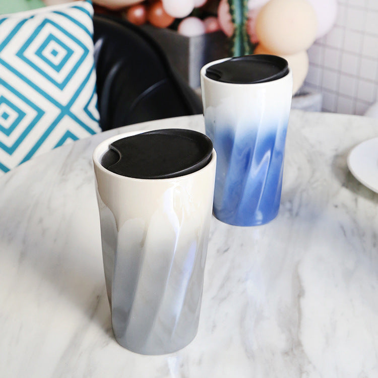 Double-Wall Ceramic Mug with Lid, Small Fresh Gradient Color Pearl Glaze Portable Mug, Coffee Mug