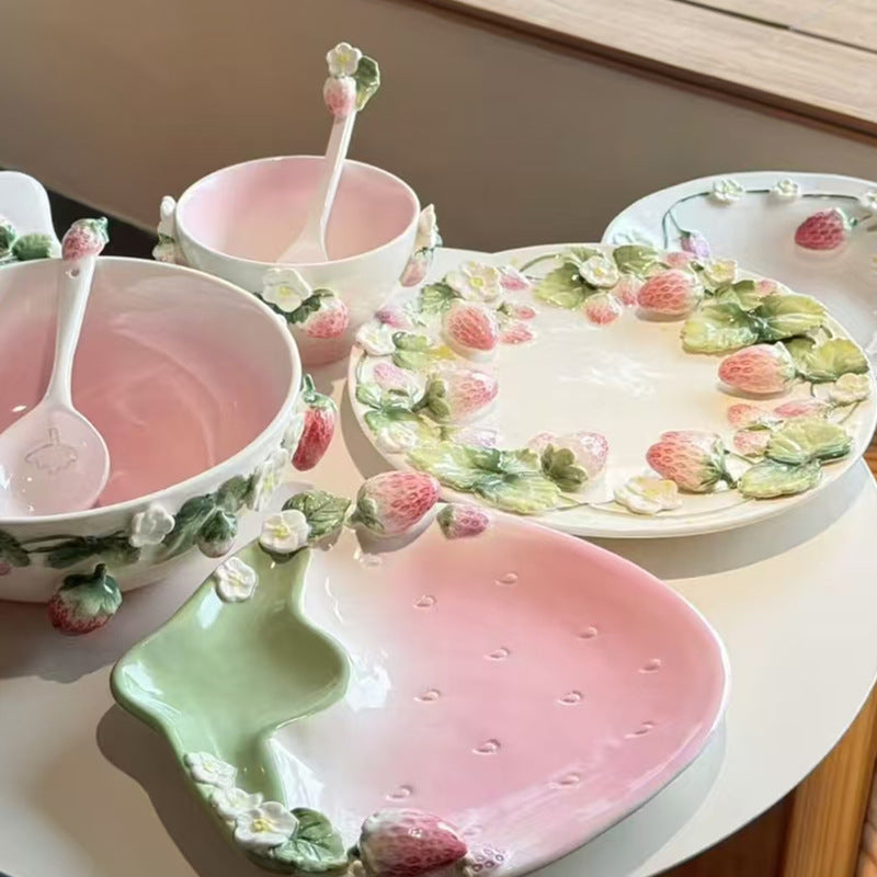 Popular Strawberry Series Embossed Ceramic Tableware, Rice Bowl, Soup Plate, Dumpling Plate, Salad Bowl, Dim Sum Plate