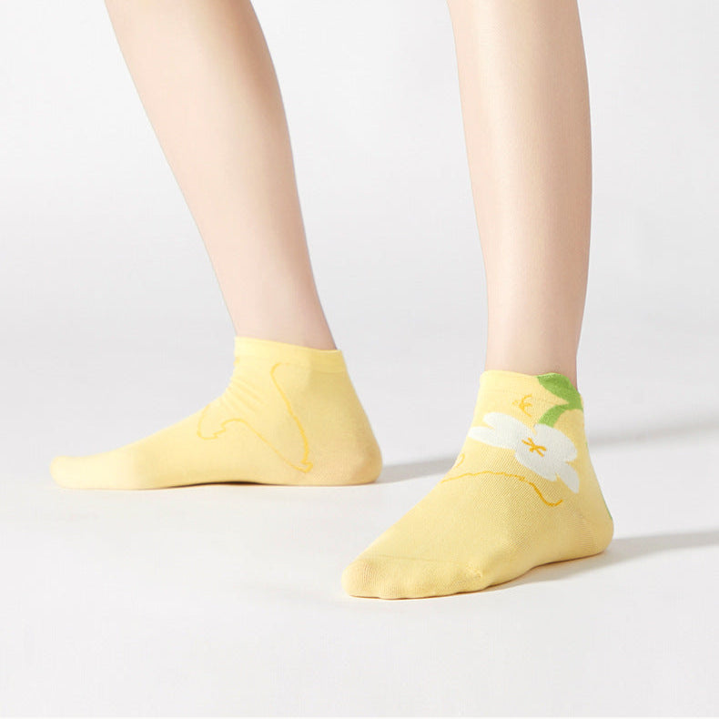 Women's Socks Tide Socks Cute Cartoon Flowers Tulip Women's Cotton Ankle Socks
