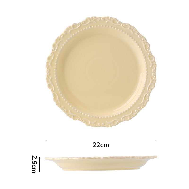 French Style Cream Dinnerware Ceramic Western Dinner Plate Lace Vintage Dessert Plate Cream Cake Plate