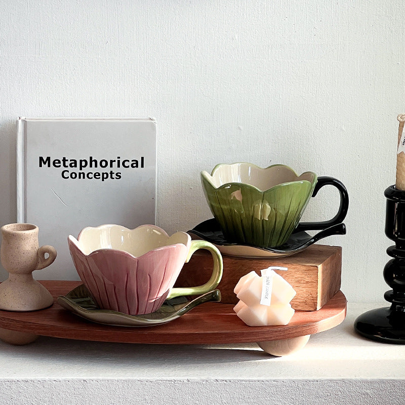 Hand Color Tulip Flowers Ceramic Coffee Cup Set Afternoon Tea Latte Cup