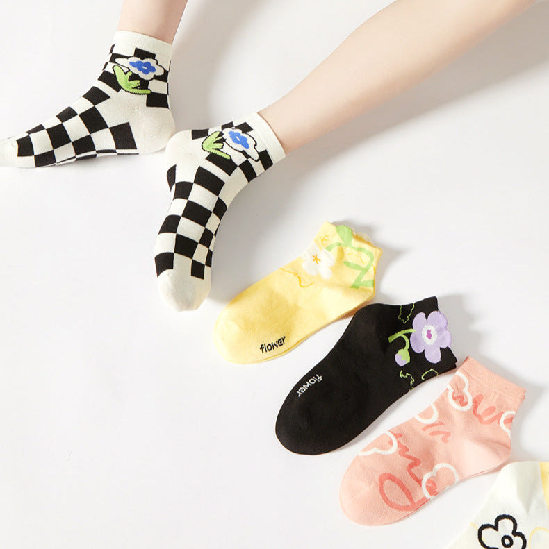 Women's Socks Tide Socks Cute Cartoon Flowers Tulip Women's Cotton Ankle Socks