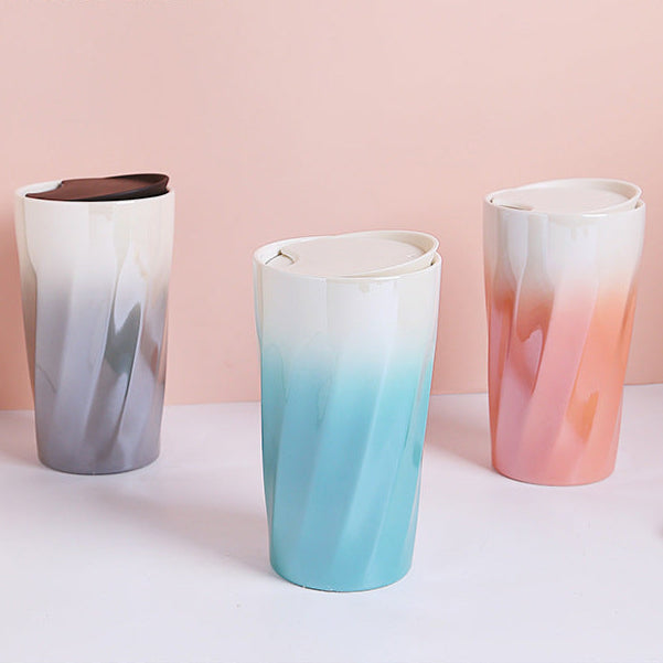 Double-Wall Ceramic Mug with Lid, Small Fresh Gradient Color Pearl Glaze Portable Mug, Coffee Mug