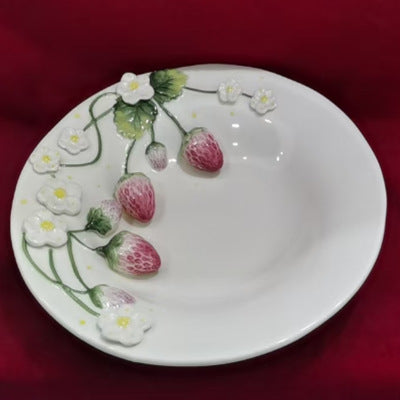 Popular Strawberry Series Embossed Ceramic Tableware, Rice Bowl, Soup Plate, Dumpling Plate, Salad Bowl, Dim Sum Plate