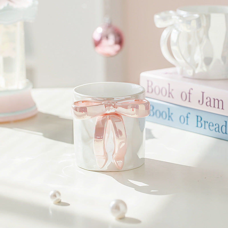 Ceramic Mug with Bowknot Handle Pearl Glaze