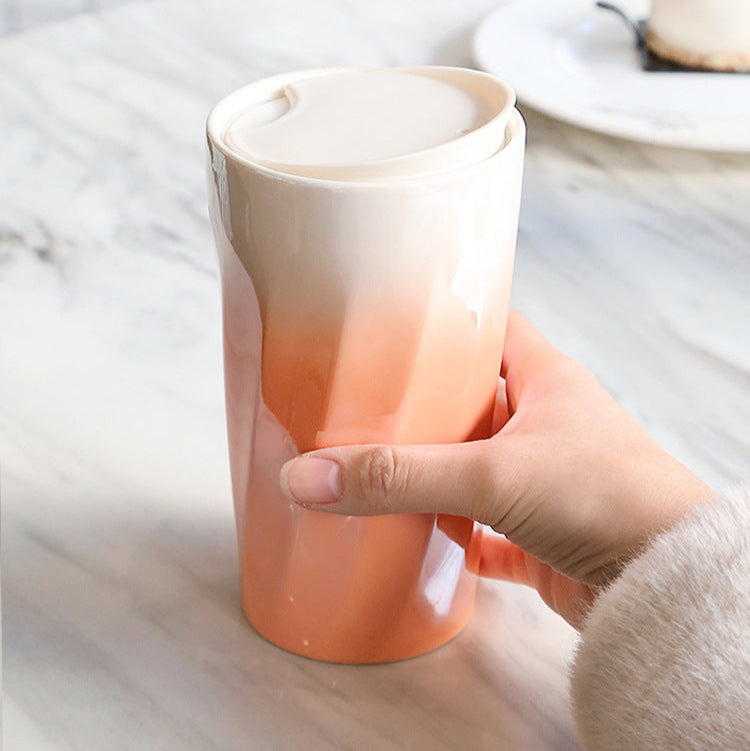 Double-Wall Ceramic Mug with Lid, Small Fresh Gradient Color Pearl Glaze Portable Mug, Coffee Mug