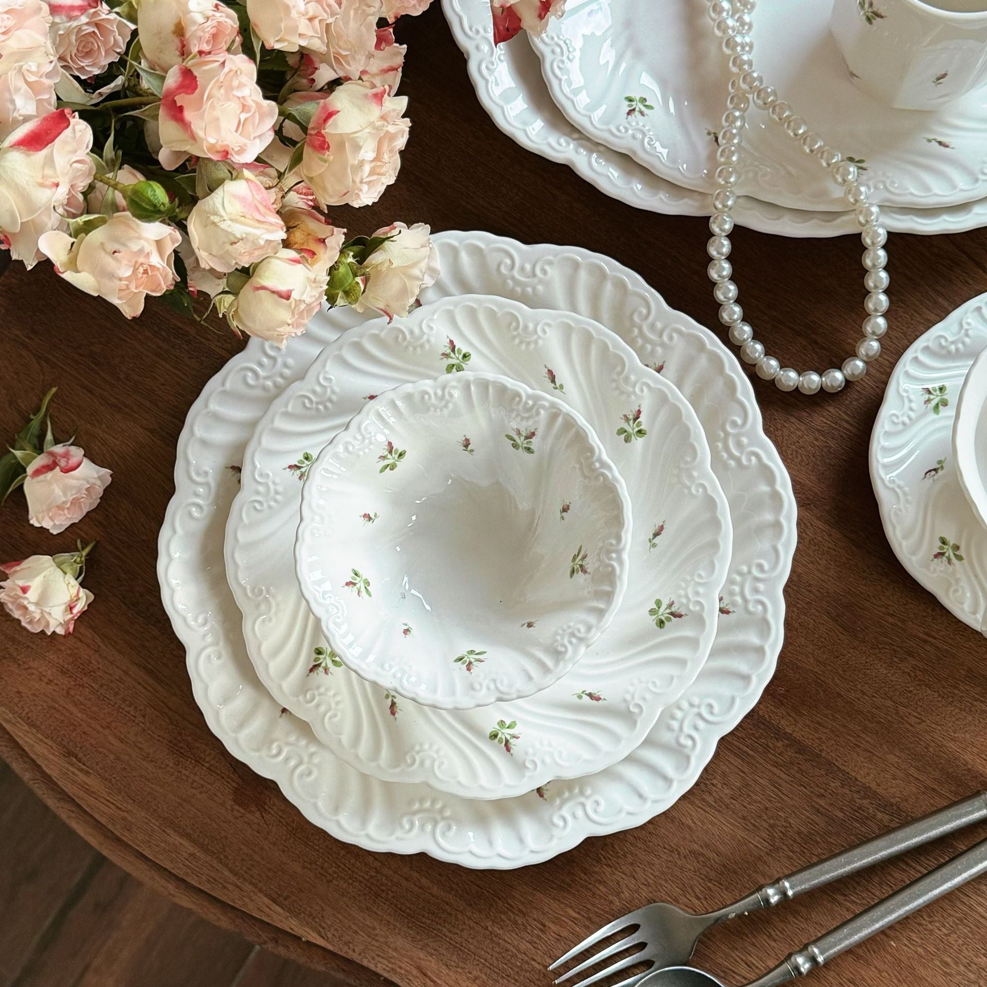French Vintage Rose Branch Embossed Ceramic Dinner Plate Ceramic Bowl Ceramic Saucer