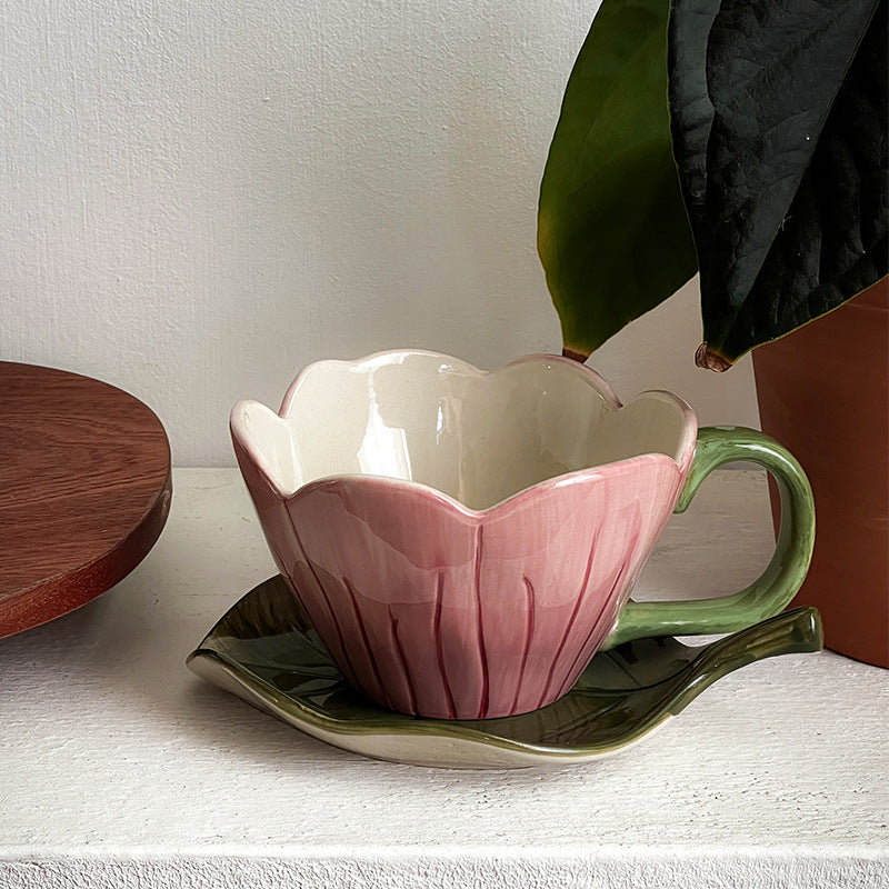 Hand Color Tulip Flowers Ceramic Coffee Cup Set Afternoon Tea Latte Cup