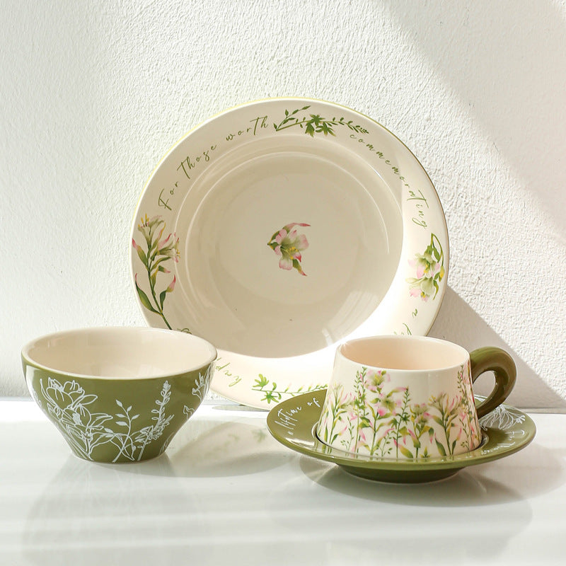Pink and Green Ceramic Tableware Gift Set Suitable for Single-person Dining