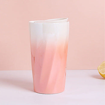 Double-Wall Ceramic Mug with Lid, Small Fresh Gradient Color Pearl Glaze Portable Mug, Coffee Mug