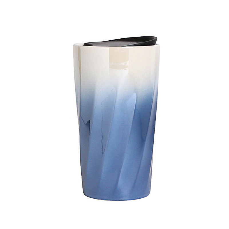 Double-Wall Ceramic Mug with Lid, Small Fresh Gradient Color Pearl Glaze Portable Mug, Coffee Mug