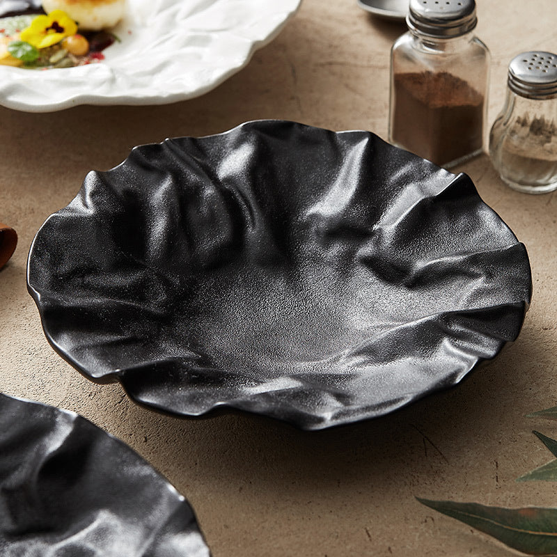 Pleated Deep Dish Plate Bowl Premium Japanese Style Tableware Western Food Salad Ceramic High-End Plate