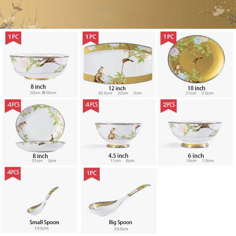 High-end Chinese Style Gold-rimmed Bone China Tableware Set dinnerware set