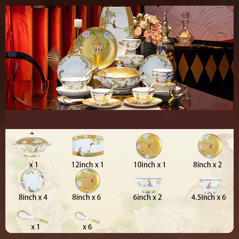 High-end Chinese Style Gold-rimmed Bone China Tableware Set dinnerware set